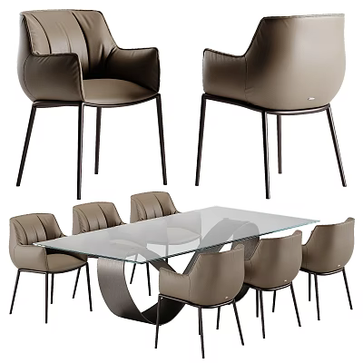 Modern Glass Top Dining Set With 6 Beige Leather Chairs And Black Legs 3d model