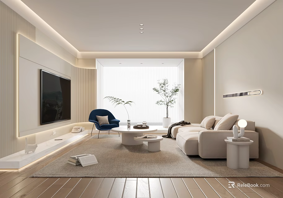 Modern Minimalist Living Room Interior With Large Screen TV Beige Sofa And Blue Armchair 3d model 