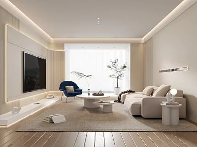 Modern Minimalist Living Room Interior With Large Screen TV Beige Sofa And Blue Armchair 3d model