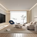 Modern Minimalist Living Room Interior With Large Screen TV Beige Sofa And Blue Armchair