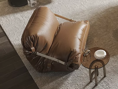 Brown Leather Bean Bag Chair with Small Round Table on Carpet and Wooden Floor 3d model