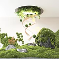 Lush Indoor Interior Landscape With Green Plants Spiral Structure Moss Ceiling Greenery And Stones