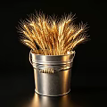 Elegant Decorative Ornament Set With Silver Metal Bucket And Golden Wheat Ears