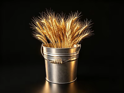 Elegant Decorative Ornament Set With Silver Metal Bucket And Golden Wheat Ears 3d model