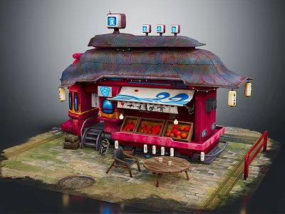 Traditional Japanese Street Food Stall With Red Building Blue Sign Dark Roof And Lanterns 3d model