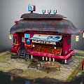 Traditional Japanese Street Food Stall With Red Building Blue Sign Dark Roof And Lanterns