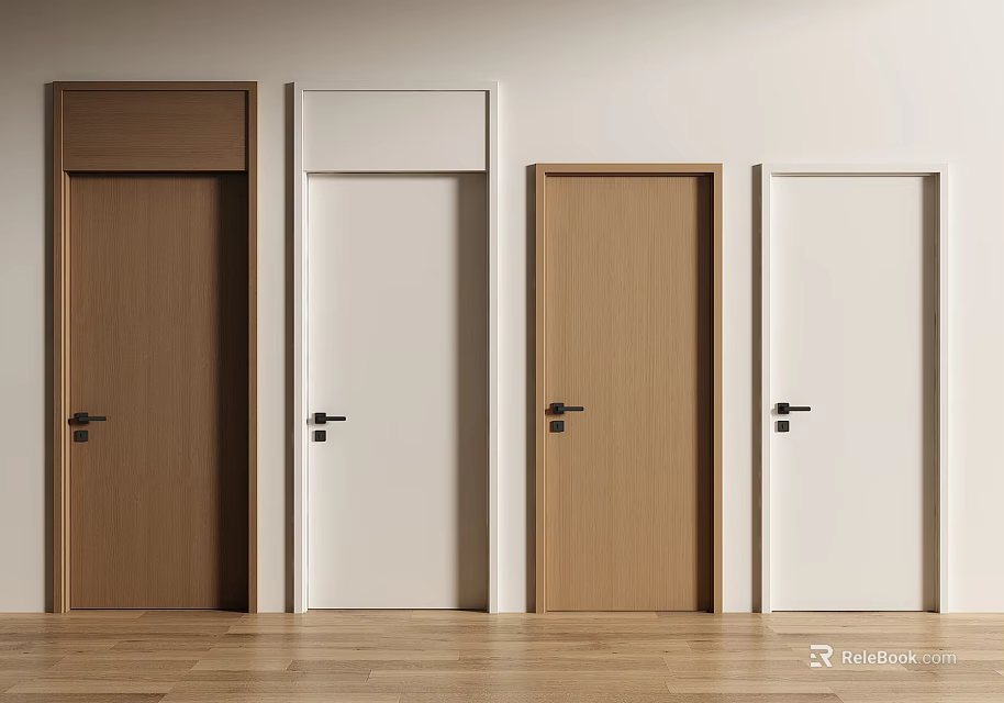 Wooden Hinged Doors In Brown And White For Home Interior With Wooden Floor 3d model 
