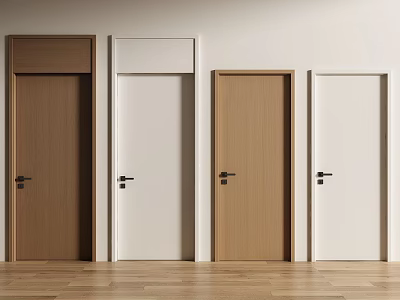 Wooden Hinged Doors In Brown And White For Home Interior With Wooden Floor 3d model