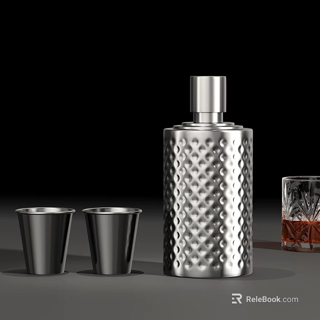 Silver Diamond Pattern Liquor Bottle with Shot Glasses and Whiskey Glass on Black Background 3d model 