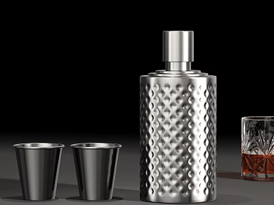 Silver Diamond Pattern Liquor Bottle with Shot Glasses and Whiskey Glass on Black Background 3d model