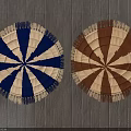 Round Area Rugs Blue White and Brown White Striped with Fringed Edges on Wooden Floor
