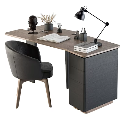 Modern Wooden Desk Interior With Black Table Lamp Books Pens Sculpture And Potted Plant 3d model