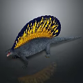 Gray Prehistoric Dinosaur With Blue And Yellow Fan Shaped Sail And Open Mouth