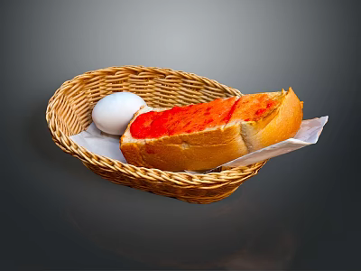 Woven Basket With Sliced Bread And White Egg On Dark Background 3d model