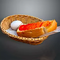 Woven Basket With Sliced Bread And White Egg On Dark Background 3d model