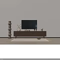 Dark Wooden TV Stand With Flat Screen TV Decorative Vases And Floor Lamp