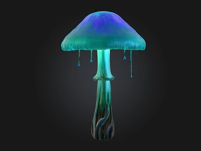 Vibrant Colorful Mushroom with Blue Green Gradient Cap and Dripping Droplets on Textured Stem 3d model