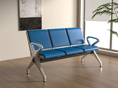 Blue Three Seater Public Chair With Metal Frame On Wooden Floor Near Window 3d model
