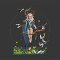 Elven Archer With Horns And Bow Surrounded By White Birds Butterflies On Green Grass