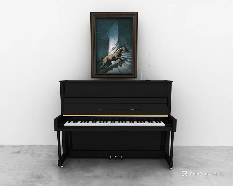 Elegant Black Upright Piano With Framed Painting In White Room Interior 3d model 