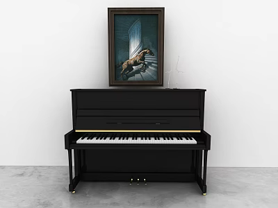 Elegant Black Upright Piano With Framed Painting In White Room Interior 3d model