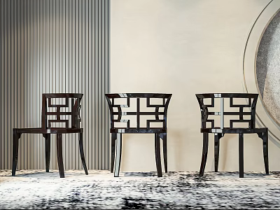 Three Black Leisure Chairs With Geometric Cutout Design Against Vertical Striped Wall And Circular Decor 3d model