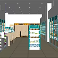 Spacious Pharmacy Store Interior With Well Organized Shelves Green Signs And Medicines