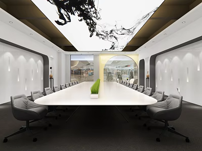 Exhibition Hall Interior Design With Long Conference Table Gray Chairs White Walls And Artistic Ceiling 3d model