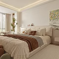 Modern Minimalist Bedroom Interior Design With Soft Tones Bed Pillows Artwork Plants Rug And Wardrobe