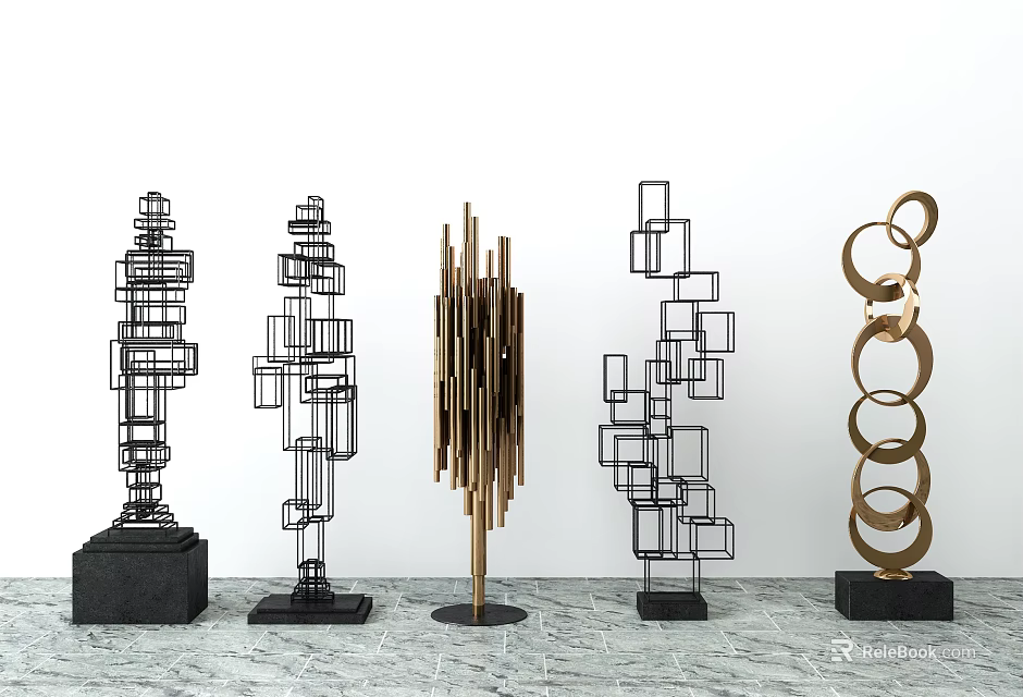 Modern Decorative Ornament Set With Geometric Shapes And Metal Marble Bases 3d model 