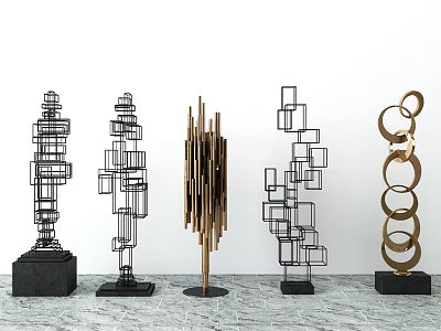 Modern Decorative Ornament Set With Geometric Shapes And Metal Marble Bases 3d model