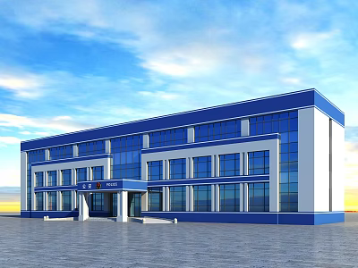 Modern Blue And White Building With Glass Windows And Front Entrance 3d model