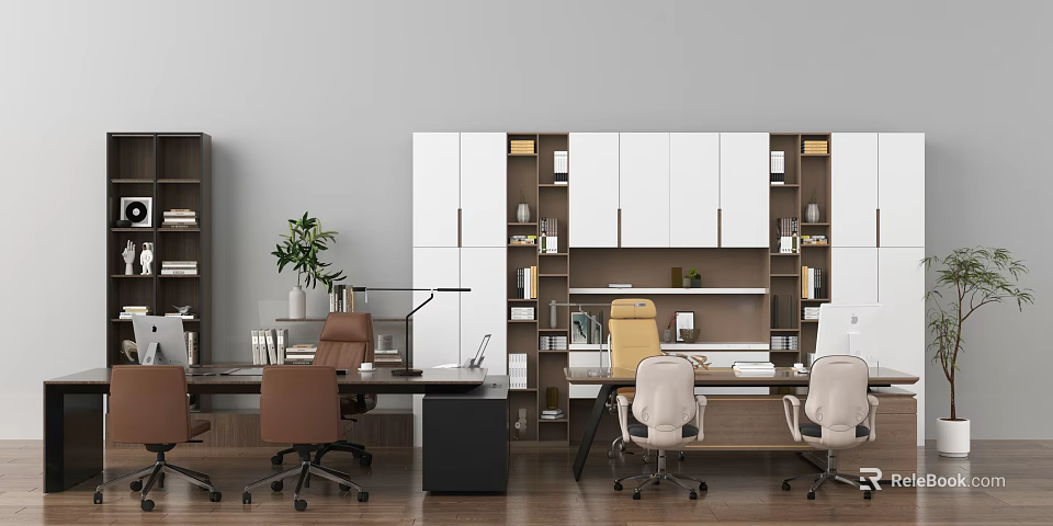 Modern Office Interior Featuring Spacious Desk Ergonomic Chairs Storage Cabinets And Potted Plant 3d model 