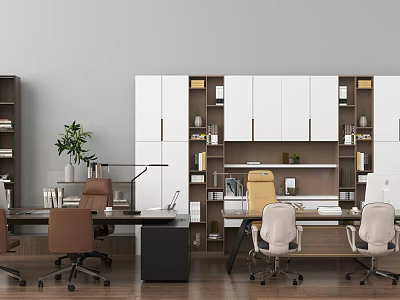 Modern Office Interior Featuring Spacious Desk Ergonomic Chairs Storage Cabinets And Potted Plant 3d model
