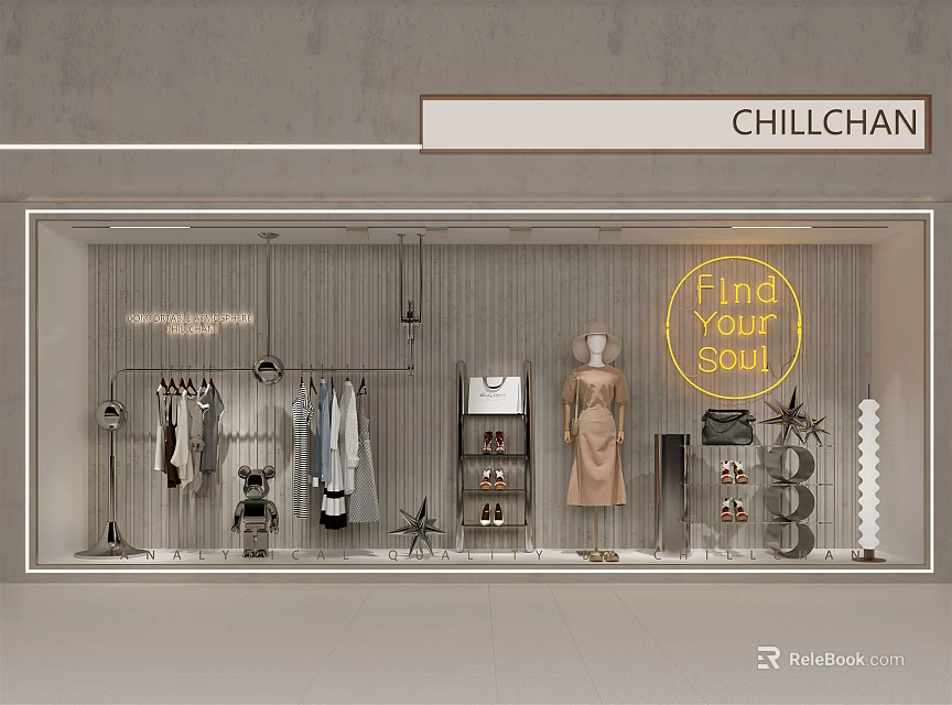 Modern Shop Window Display With Hanging Clothes Mannequin Neon Sign And Fashion Accessories 3d model 