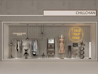 Modern Shop Window Display With Hanging Clothes Mannequin Neon Sign And Fashion Accessories 3d model