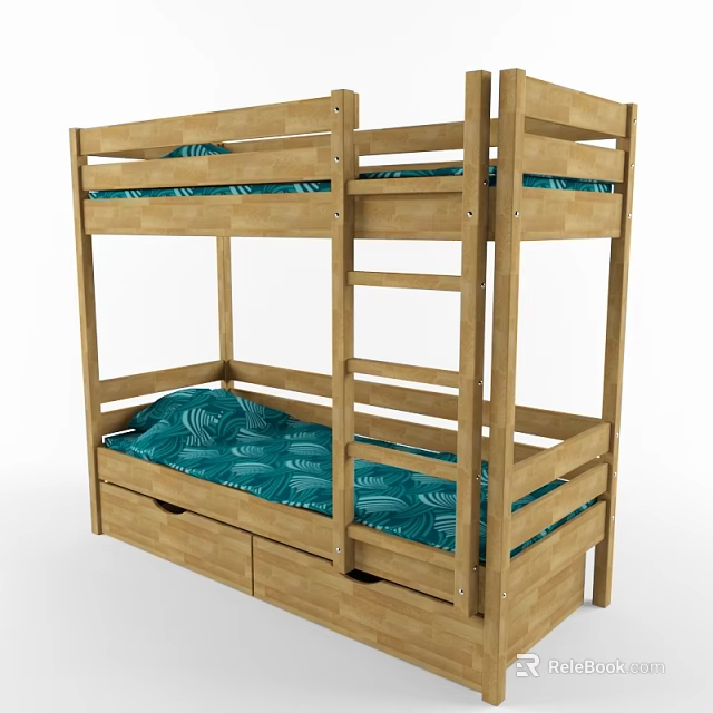 Solid Wooden Bunk Bed Featuring Teal Patterned Mattress And Storage Drawers 3d model
