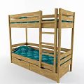 Solid Wooden Bunk Bed Featuring Teal Patterned Mattress And Storage Drawers 3d model