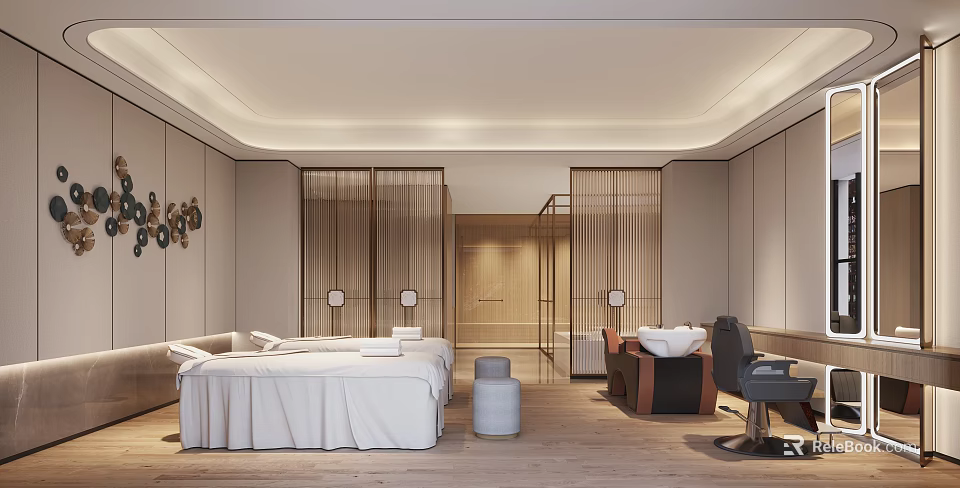 Luxurious SPA Sauna Room With Massage Bed Wooden Partitions And Relaxation Seating 3d model 