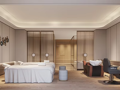 Luxurious SPA Sauna Room With Massage Bed Wooden Partitions And Relaxation Seating 3d model