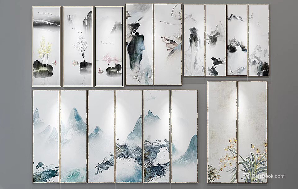 Chinese Ink Wash Landscape Paintings With Multiple Panels Mountains Water Flowers And Birds 3d model 