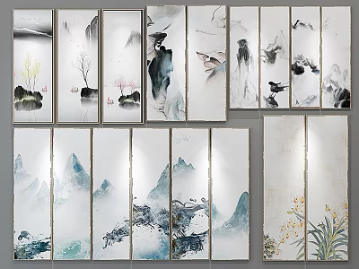 Chinese Ink Wash Landscape Paintings With Multiple Panels Mountains Water Flowers And Birds 3d model