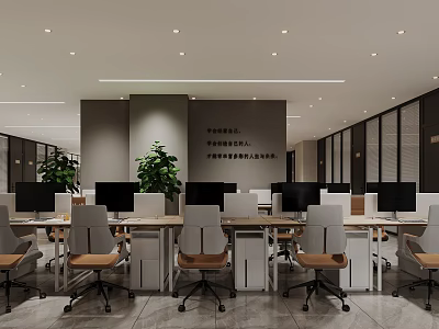 Modern Public Office Space Interior With Neat Desks Chairs Computers And Green Plants 3d model