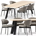 Modern Dining Table Set with Wooden Top Black Metal Legs and Gray Upholstered Chairs