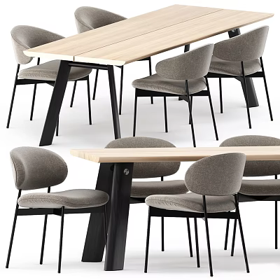 Modern Dining Table Set with Wooden Top Black Metal Legs and Gray Upholstered Chairs 3d model
