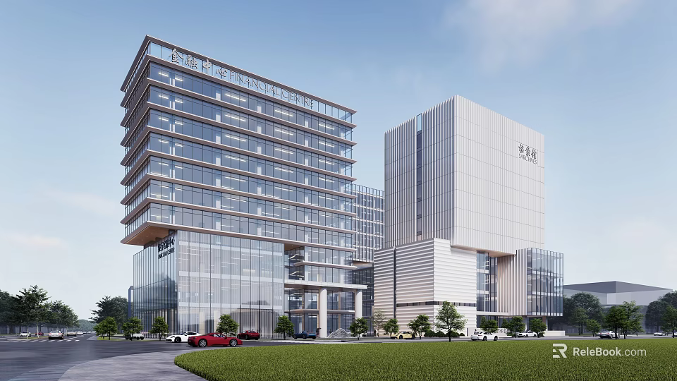 Modern Office Building Complex with Glass Curtain Walls White Exterior and Green Landscaping 3d model 
