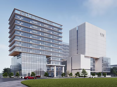 Modern Office Building Complex with Glass Curtain Walls White Exterior and Green Landscaping 3d model