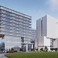 Modern Office Building Complex with Glass Curtain Walls White Exterior and Green Landscaping