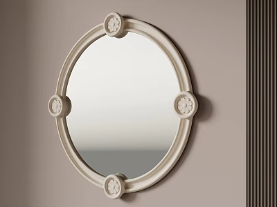 Round Decorative Mirror With Light Colored Frame Mounted On Beige Wall Near Vertical Striped Panels 3d model
