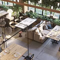 Modern Restaurant Interior With Lush Green Plants Comfortable Seating And Pendant Lighting